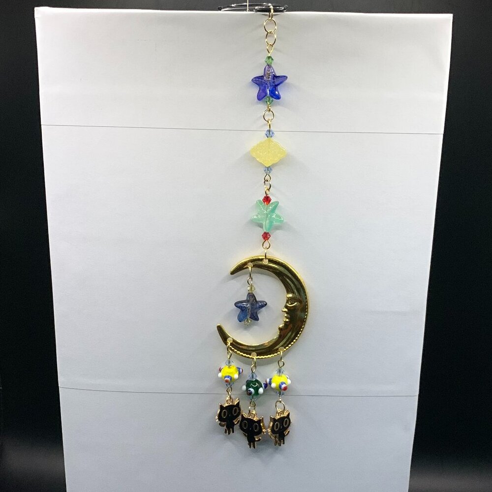Cats Hanging From Moon Stars Glass Beads Colorful Car Charm Suncatcher CC140